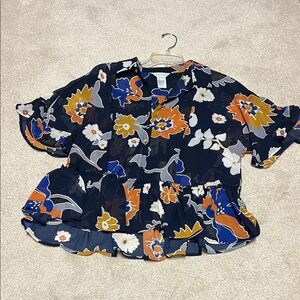 Multiples V-Neck Button Peplum Top - Navy, Orange, White & Gray